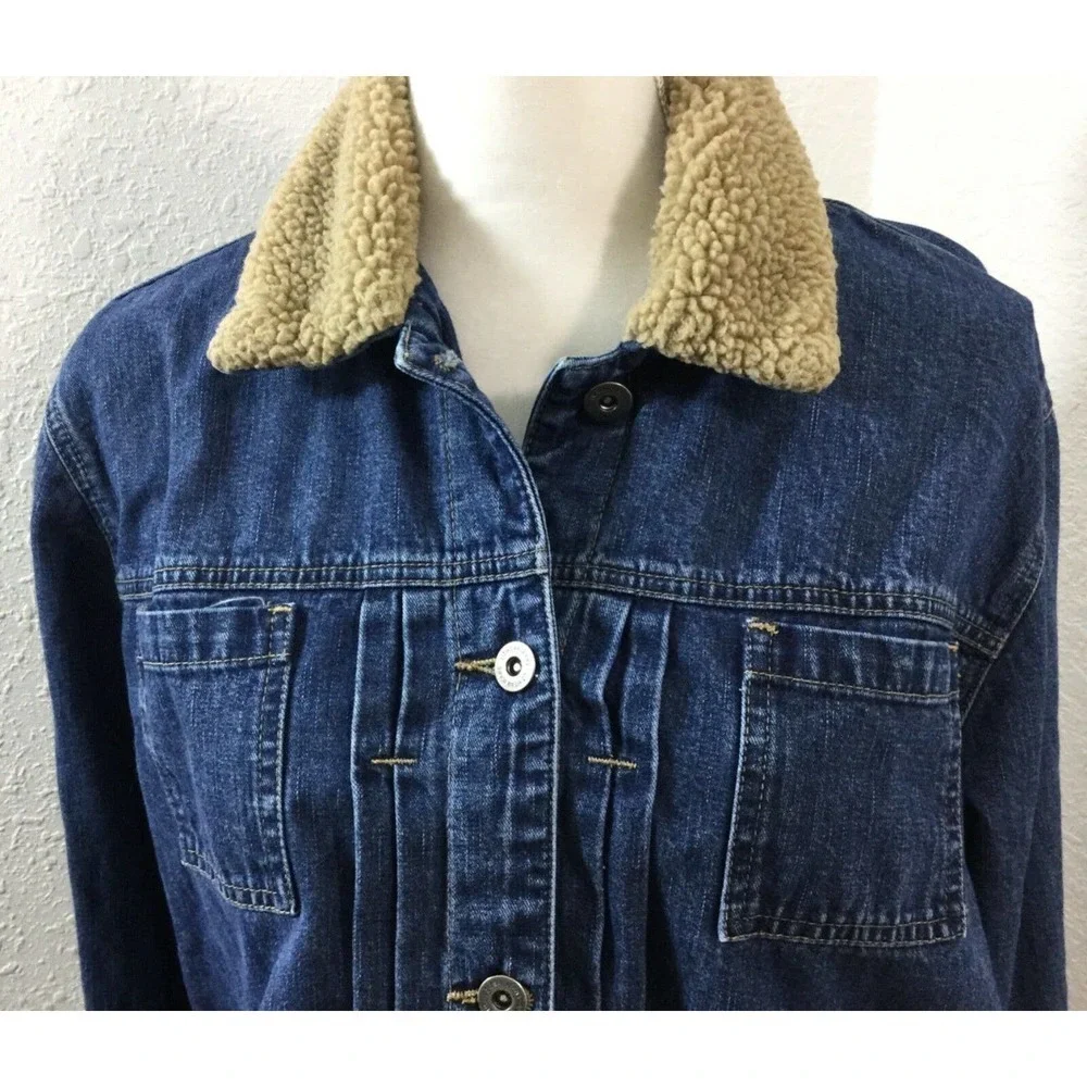 LIZ Claiborne Denim Jeans Jacket Trucker‎ Cotton Blue Sz XL Sherpa Collar Womens